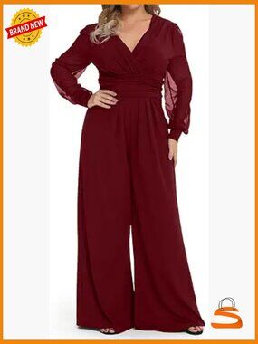 Plus Size Mesh Long Sleeve Wrap Neck Wide Leg Jumpsuit